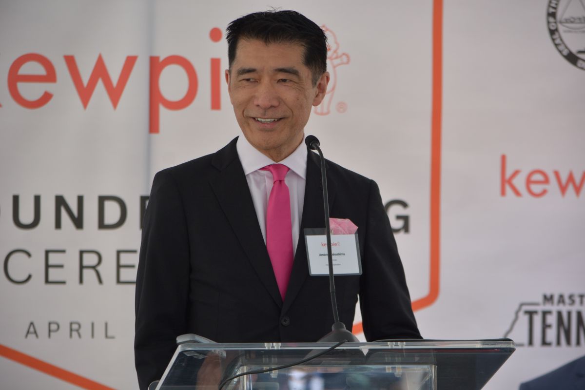 Amane Nakashima speaking at the groundbreaking ceremony for the new Q&B Foods, Kewpie, facility in Clarksville on Apr. 18, 2023. (Lee Erwin)