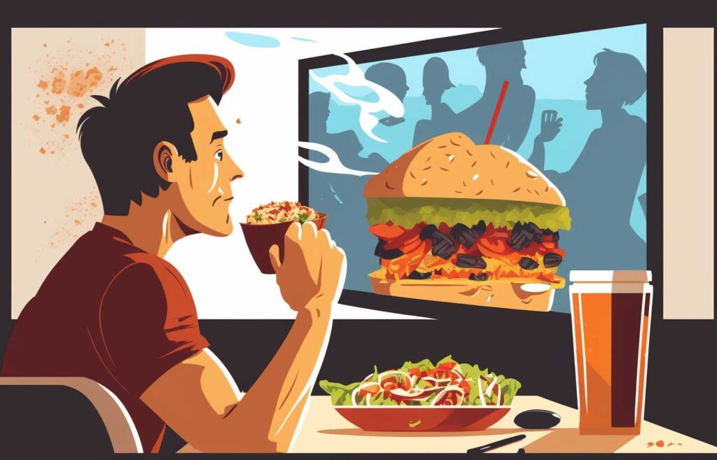 Concept illustration of a man eating and watching fast food commercials.  Image credit: Nicole Smith, made with Midjourney