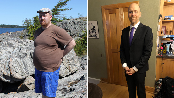 Two photos of Jeremy LaLonde, one before he adopted a plant-based diet for weight loss, and one after.  On the left, he stands on a boulder outside with his hands on his back.  On the right, he wears a suit inside the foyer of a home, with his hands clasped at his waist